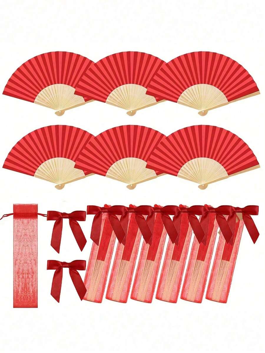 3-60件/組優雅摺疊扇,附蝴蝶結與禮品袋,竹製手持扇,適合新娘使用,適合作為伴娘禮物與婚禮裝飾,完美適用於派對、活動與夏季配件 - 紅色 - 查看 1