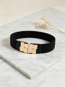 Elastic Wide Belt For Women Gold Metal Buckle Waist Cincher Stylish Dress Accessory - Black - View 5