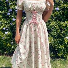 jianchaimaoyi02  PETITE Vestido maxi elegante de vacaciones con cuello de volantes, mangas de pétalos, cintura con lazo y estampado de parches florales románticos en rosa - Rojo y blanco - Ver 4