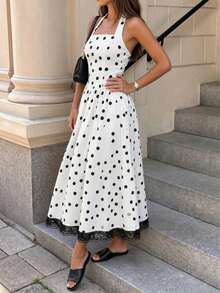 Abito midi da donna bianco a pois con scollo all'americana, orlo in pizzo, linea ad A, casual, elegante, da vacanza - Bianco e nero - Visualizzare 8