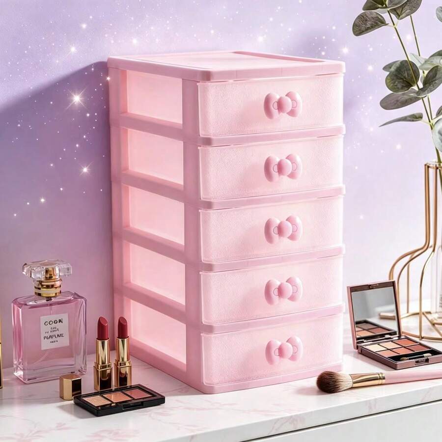 1pc Pink Multi-Layer Cosmetic & Jewelry Storage Box, Multi-Tier Desktop Organizer, Suitable For Student Dorm - Pink - View 1