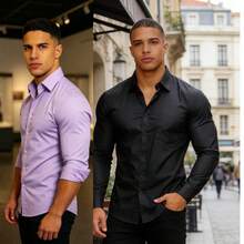KIT2,KIT3  Camisa Masculina Manga Longa Slim Musculosa Fina Elástica Botão Social Casual para Trabalho e Negócios - Roxo + Preto - Visão 4