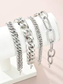 5pcs/4pcs/1pc Vintage Elegant Bohemian Vacation Style Women's Silver Chunky Chain Bracelet And Round Disc Elastic Bangle, Suitable For Daily Wear, Gatherings, Parties, Vacation Season, Beach Holiday And Travel - Silver - View 3