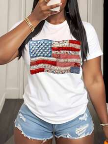 Floral American Flag T-Shirt Women Casual Patriotic Print Top For Independence Day Celebration Summer Outfit - trắng - Xem 2
