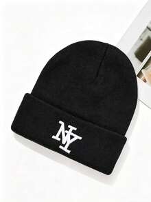 1pc Men's Geometric Pattern & Letter Casual Acrylic Embroidered Knit Hat, Suitable For Holidays And All Seasons Beanie Fall Outfit - Multicolor - View 7