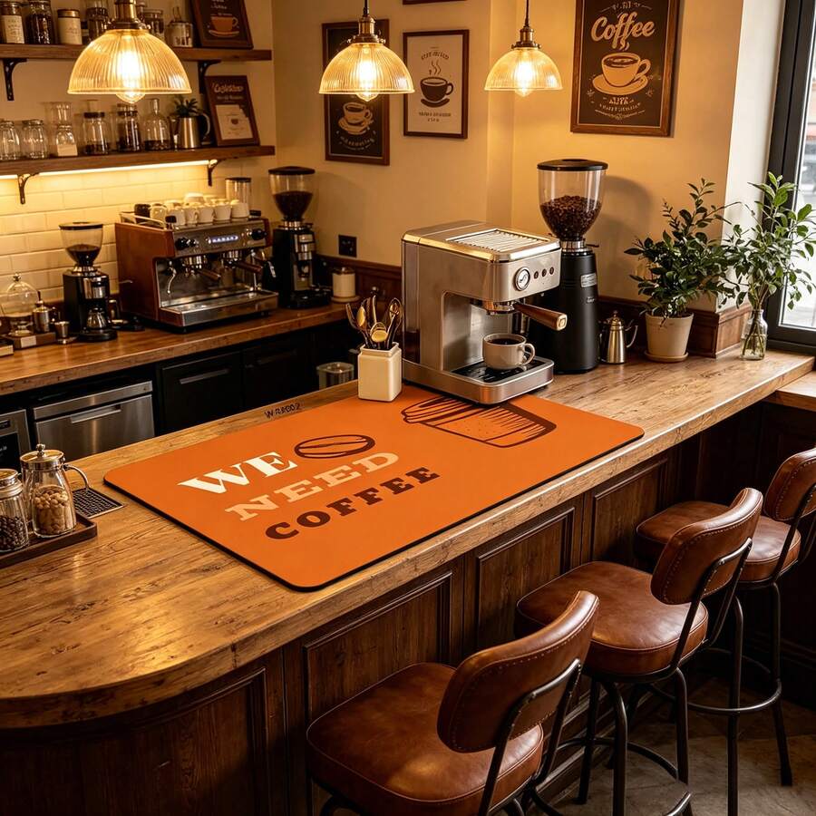 1pc "We Need Coffee" Retro Orange Coffee Drying Mat, Non-Slip Water-Absorbent Quick-Dry Countertop Pad, Stain-Resistant & Easy-To-Clean Kitchen Mat, Waterproof Aesthetic Rug For Coffee Bar, Dish Drying & Home Coffee Station, Protects Countertop From Spills And Stains - Multicolor - View 1