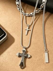 1pc Fashionable Cross Geometric Hip-Hop Style Metal Material Silver Men's Multi-Layer Necklace Suitable For Outdoor Party Wear Accessory - Multicolor - View 2