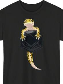 Camiseta divertida para hombre con estampado de leopardo y diseño de gecko en el bolsillo |   Camiseta negra casual de corte holgado con un bonito diseño de reptil, cómoda para todas las estaciones, se recomienda lavar a mano, camiseta para uso diario, camiseta con estampado divertido, tela duradera. - Negro - Ver 2