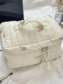 Embroidered Multifunctional Makeup Bag Large Cosmetic Organizer Storage Handbag For Women - Apricot - View 3