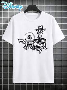 This T-Shirt Featuring Disney's Toy Story Characters Buzz Lightyear And Woody In A Sketch Style And Simple Line Print Is Perfect For Everyday Wear. Made From Pure Cotton With A Relaxed Crew Neck, This Men's T-Shirt Is A Stylish Streetwear Piece, A Must-Have For Casual Outfits, And A Great Summer Gift For Men. - 白色 - 查看 2