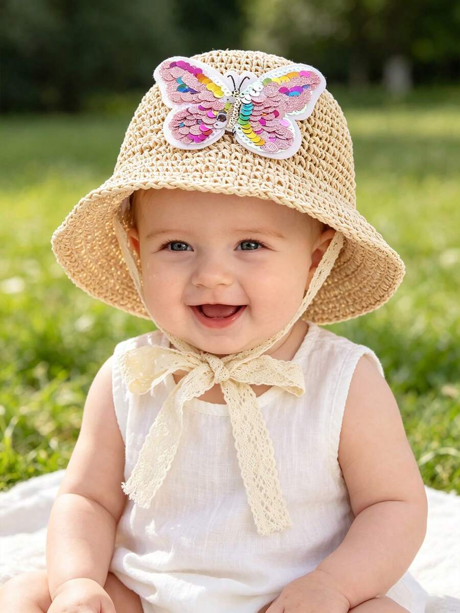 1pc Baby Girl 1-2Y Spring/Summer Sun Protection Tie-Up Hand-Woven Straw Hat - Large Butterfly - Beige - View 1