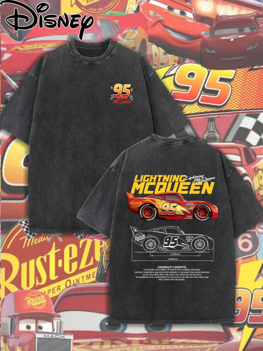 Camiseta de carreras de Rayo McQueen, estampado de carreras de los 90, camiseta con estampado de animación Disney, camisa de manga corta de algodón grueso para hombre, resistente al agua y con acabado vintage, holgada y cómoda, traje urbano, ropa de verano para hombre - Negro - Ver 1