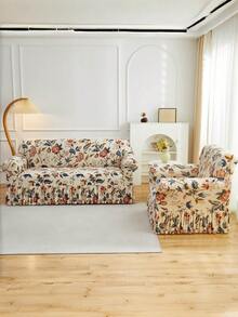 1PC Non-Slip Elastic Aesthetic Sofa Cover, Milk Silk Fabric Floral Print Ruffle Design, Fit For 1-2-3-4 Seater Sofa, Pet-Proof Anti-Stain, Vibrant Colors, All Seasons - Multicolor - View 5