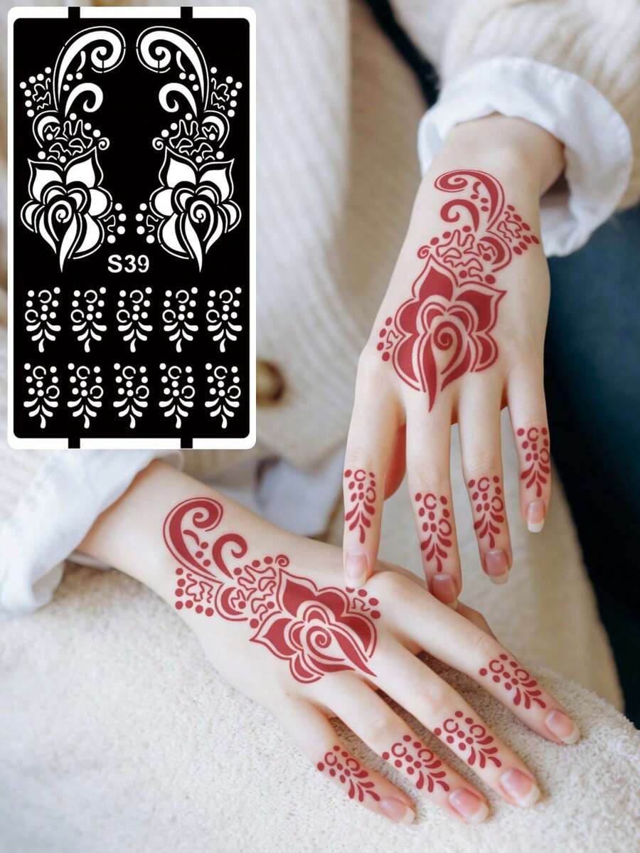 Hana手绘镂空花卉纹身模板 - 性感花卉图案，适用于手部、DIY绘画、墨水，可重复使用的曼陀罗设计模板贴纸，适合女性身体派对妆容 - 黑色 - 查看 1