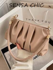 This Stylish Khaki Purple PU Handbag Features A Detachable Shoulder Strap And A Pleated Design, Making It Suitable For Office Workers, Teachers, And Students. - 棕色 - 查看 9