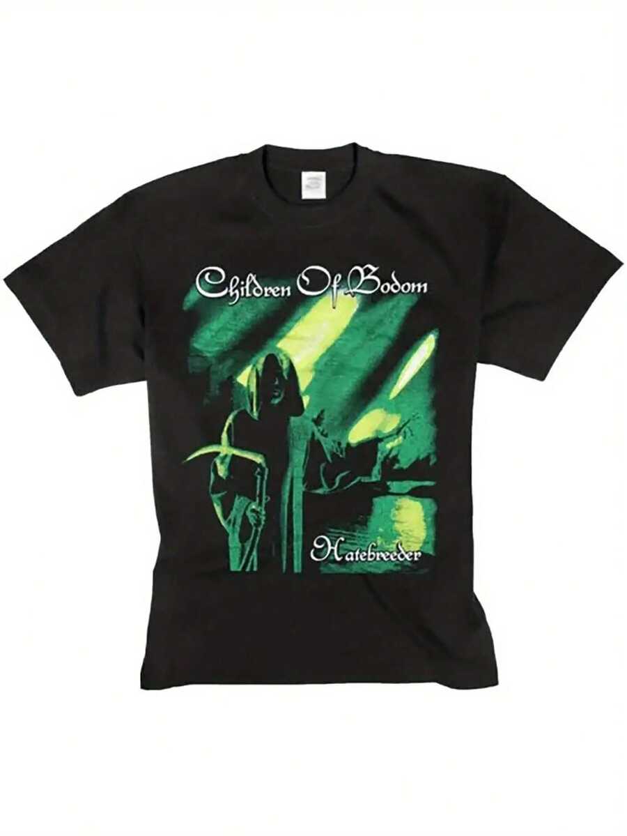 Men's Graphic T-Shirt – Black Crew Neck Shirt With Vibrant Green Album Cover Print, Regular Fit Casual Shirt For Men, All-Season Comfort, Machine Washable, Music Apparel - Black - View 1
