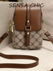 Fashionable Multi-Functional Mini Crossbody Bag, Multi-Pocket Design With Earphone Hole, Phone Pocket, Rivet Decor, Adjustable Strap, Brown Double R Rhombus Print Fabric, Women's Phone Wallet, Shoulder Crossbody Bag - Brown - View 3