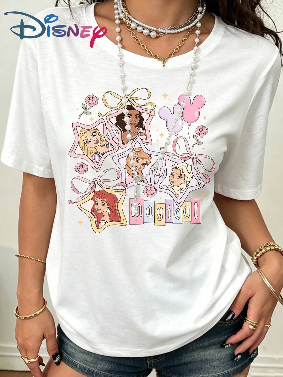 Disney Cotton High-Quality Retro Magic Princess T-Shirt | Classic Cartoon Moana, Elsa, Ariel, Moana Designs | Unisex Casual T-Shirt | Couples Gift - 白色 - 查看 1