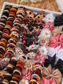 117pcs Girls Brown Hair Accessories Set, Bow/Rhinestone Flower/Hair Clip Cute Princess Simple Basic Hair Tie Rabbit Ear Hair Rope Hair Band High Elasticity Durable Non-Damaging Hair Tie Rhinestone Bow Hair Clip Suitable For Daily Use - Multicolor - View 2