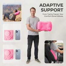 1pc Inflatable Pillow, Foldable And Portable, Press-To-Inflate, Soft Flocked Pillow, Suitable For Travel, Airplane, Car, Home, Office Nap, Camping And More. Lightweight And Foldable, Travel Essential. - Pink - View 4