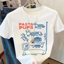 Minimalist. 100% Cotton. 1 Piece. Women's Short-Sleeved T-Shirt With A Cute Pasta Dog Print. High Stretch. Standard Italian Size. Comfortable And Casual. A Top For Spring And Summer. - 白色 - 查看 1