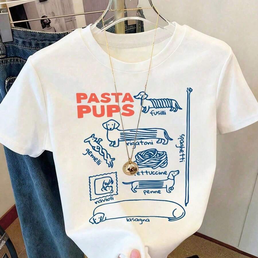 Minimalist. 100% Cotton. 1 Piece. Women's Short-Sleeved T-Shirt With A Cute Pasta Dog Print. High Stretch. Standard Italian Size. Comfortable And Casual. A Top For Spring And Summer. - 白色 - 查看 1