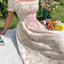 jianchaimaoyi02  PETITE Vestido maxi elegante de vacaciones con cuello de volantes, mangas de pétalos, cintura con lazo y estampado de parches florales románticos en rosa - Rojo y blanco - Ver 6