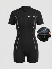 女童夏季運動風短袖連身褲,拉鍊設計,黑白拼接色塊,簡約修身時尚連身衣 - 黑色 - 查看 6