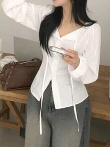 法式風情花瓣袖百搭顯瘦收腰女款上衣 白色 - 白色 - 查看 7