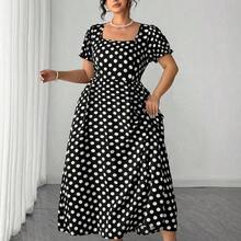 dagjydgfyja  Vestido de manga corta con cuello de mariposa con lazo y estampado de lunares elegante y vintage para mujer de talla grande, primavera/verano - Azul marino - Ver 7