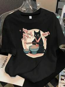 Top de mujer de manga corta y cuello redondo con estampado de un gato negro sentado en un cuenco, apto para todas las estaciones. - Negro - View 1