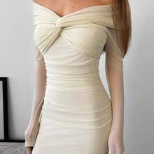 xuehuamaoyi02  Vestido romántico para cita con hombros descubiertos, con detalles de malla, nudo retorcido y fruncido, de manga larga - Albaricoque - Ver 5