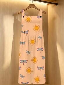 Sun And Dragonfly Print Women's Adjustable Strap Jumpsuit, Polyester Fiber Fabric, Lightweight And Breathable, Women's Clothing, Regular Women's Clothing, Women's Jumpsuits And Rompers, Women's Jumpsuit, Women's Plus Size Jumpsuit - 彩色 - 查看 3