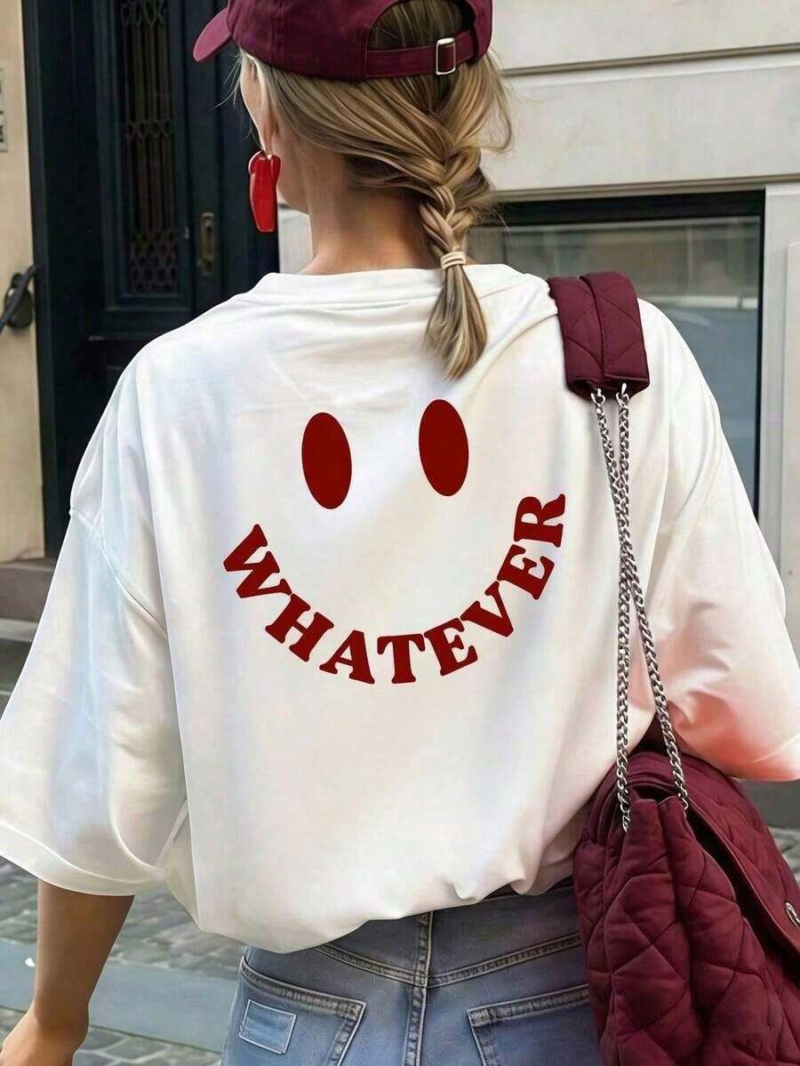 Women's 100% Cotton T-Shirt, New Summer Collection 2026, Women's T-Shirt With "WHATEVER" Print And Smile, Round Neck, Short Sleeves, Versatile And Fashionable, - 白色 - 查看 1