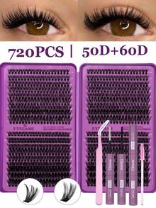 Set Kotak Hadiah Bulu Mata Palsu D Curl 2560pcs/640pcs, Kit Ekstensi Bulu Mata DIY, Lembut & Nyaman, Termasuk Lem, Perekat, Penghapus, Pinset, Bulu Mata Cluster Alami Ringan Gaya Silang untuk Penggunaan Pribadi - Purple - View 1