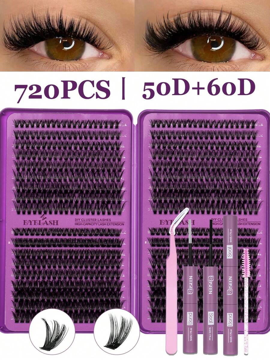 Set Kotak Hadiah Bulu Mata Palsu D Curl 2560pcs/640pcs, Kit Ekstensi Bulu Mata DIY, Lembut & Nyaman, Termasuk Lem, Perekat, Penghapus, Pinset, Bulu Mata Cluster Alami Ringan Gaya Silang untuk Penggunaan Pribadi - Purple - View 1