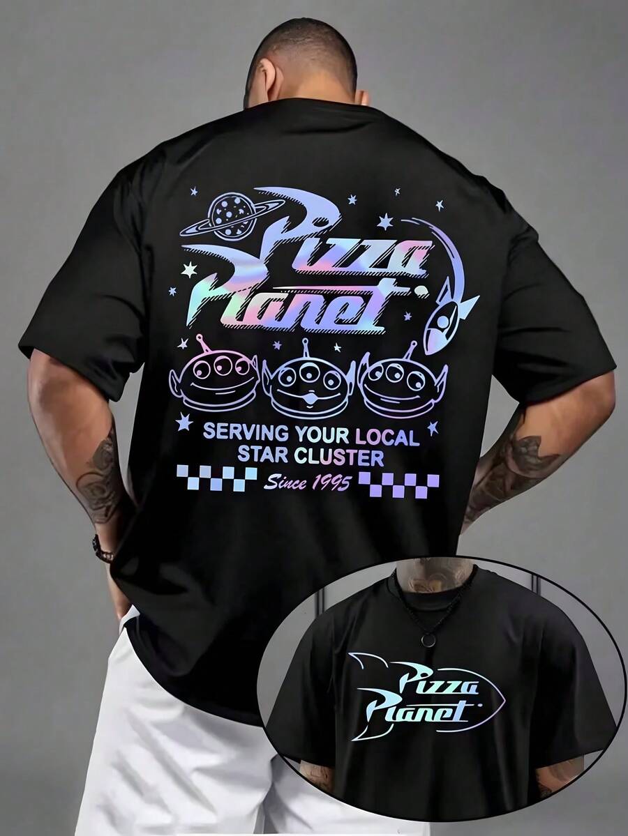 Officially Licensed By Disney With Toy Story Pizza Planet Holographic Retro Printed Graphics. 100% Cotton Loose Casual Tee, Soft, Breathable And Comfortable Fabric. Unisex Crew Neck Short Sleeve T-Shirt. - Black - View 1