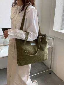 Corduroy Solid Color Shoulder Tote Bag - Green - View 3