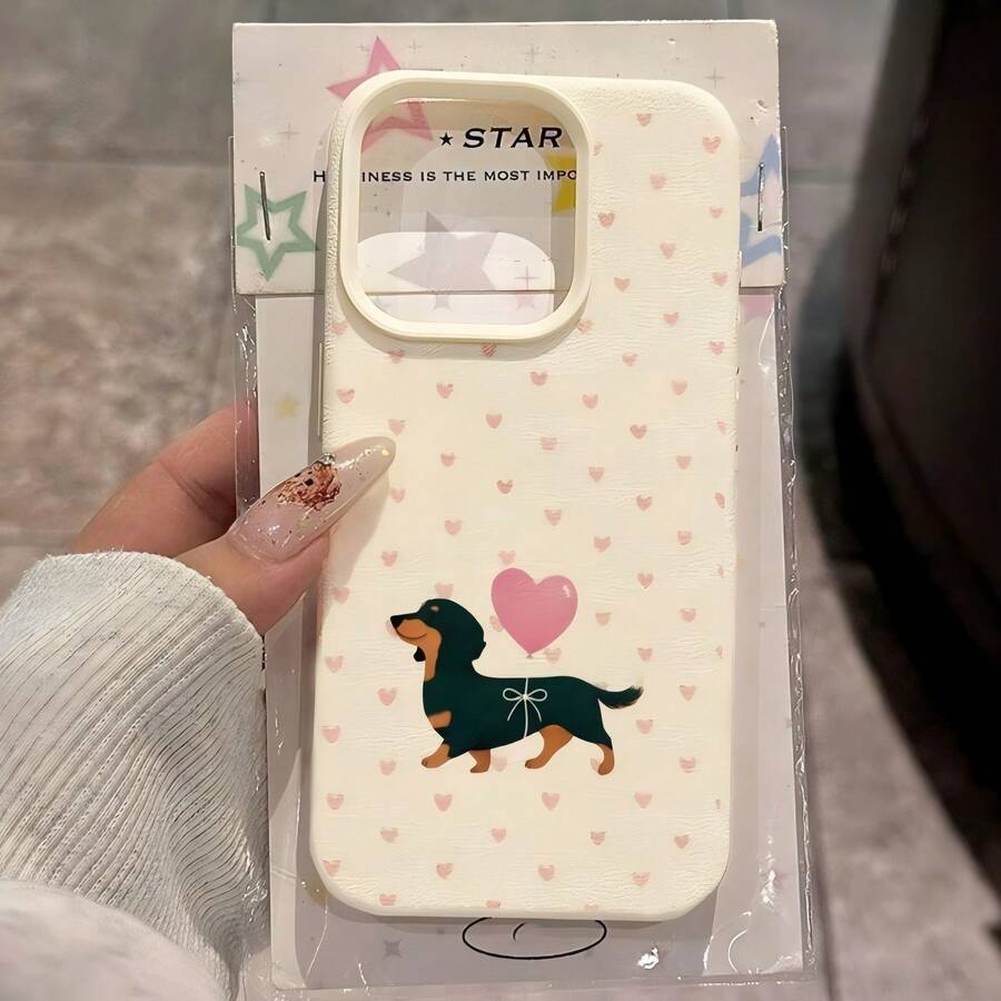 1 pieza Funda de teléfono de material TPU con patrón de corazón rosa y perro salchicha, compatible con iPhone 17 Pro Max/17/16 Pro Max/15/13/12/11, funda protectora suave anti-caídas de cobertura completa - Multicolor - Ver 1