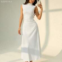 Fengyu Women's Clothing Store PETITE Vestido largo de línea A con cuello mao sin mangas y fruncido, nuevo para el Día de San Valentín. Elegante y romántico para citas y trabajo, vestidos de verano para mujeres - Marrón - Ver 5