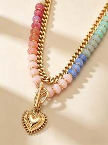 1Pc Boho Rainbow Beaded Heart Pendant Necklace, Layered OT Toggle Clasp Chain, Perfect For Valentine's Day & Anniversary Gifts For Girlfriend - Multicolor - View 1