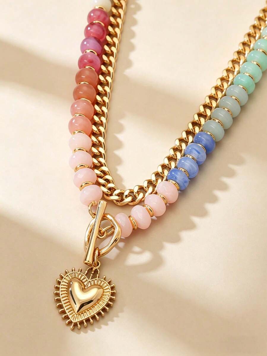 1Pc Boho Rainbow Beaded Heart Pendant Necklace, Layered OT Toggle Clasp Chain, Perfect For Valentine's Day & Anniversary Gifts For Girlfriend - Multicolor - View 1