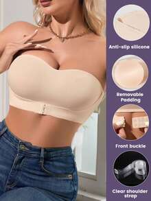 Women Invisible Strapless Push Up Bra Front Closure Convertible Bandeau W/ Clear Straps - Apricot - View 7