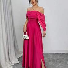 jianchaimaoyi02  Vestido entero con cuello alto retorcido y cintura con drapeado sin tirantes para mujeres - Rosa Fucsia - Ver 7