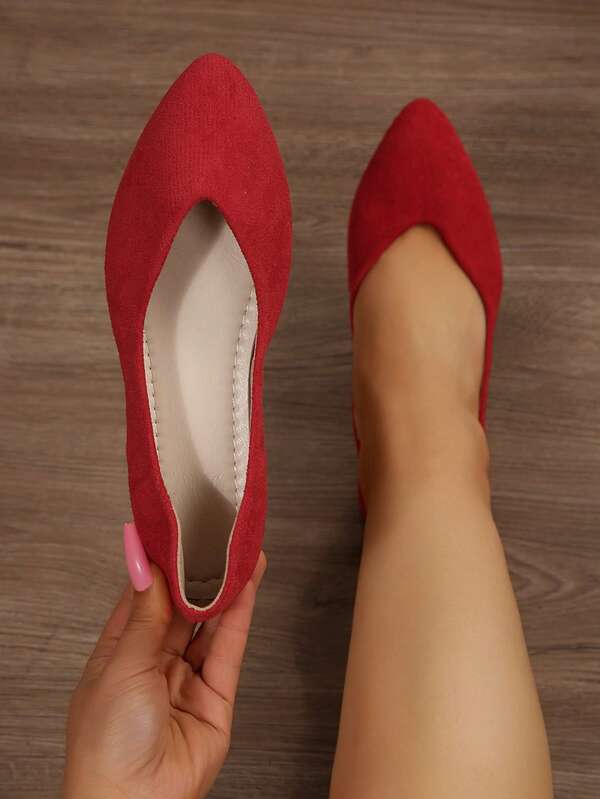 Wide Fit Women's Low Vamp Pointed Toe Low Heel Flat Sweet Slip-On Shoes, Spring/Autumn New Style, Daily Office Casual Outing, Lightweight Comfortable Red Suede, Plus Size 36-43, Wide Toe Box, Random Pattern Design