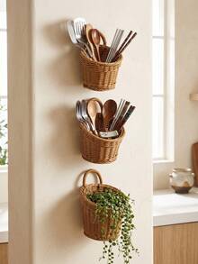 1pc/3pcs (S+M+L) Boho Faux Rattan Storage Basket Set, Durable Easy-Clean Woven Kitchen Organizer For Utensils, Tableware, Decor & Plants - Brown - View 7