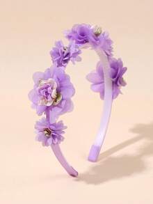 1pc Pink, Yellow, Purple Tulle Flower Headband With Chiffon Flowers, Gradient Roses And Rhinestone Decor, Cute Fashion Hair Accessory For Girls, Birthday, Party & Daily Wear - Multicolor - View 8