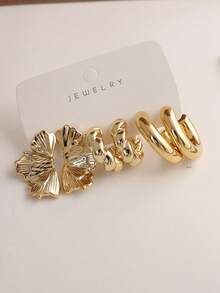 6/18PCS Fashionable Elegant Floral Geometric Multi- Gold Metallic Earring Set, Women's Fashion Earring Set, Daily Wear, (Lightweight CCB Material, Non-Fading UV Plated Gold) - Gold - View 7