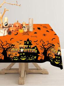 1pc Halloween Disposable Tablecloth, Pumpkin Spider Web Bat & Castle Pattern Plastic Table Cover For Home Kitchen Dining Table Decor, Vintage Halloween Decorations, Festive Fall Autumn Party Table Decor, Trick Or Treat Holiday Decor - Ghost Castle-01 - View 3