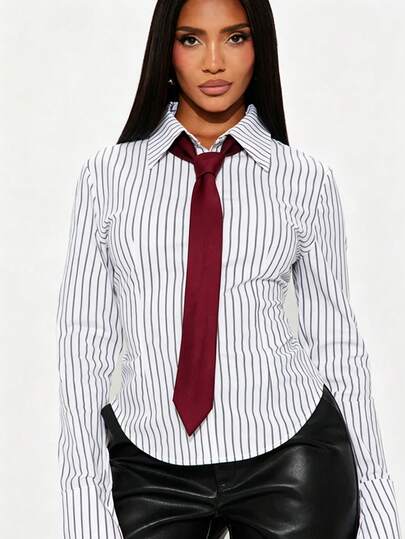1pc Women's Striped Preppy Casual Hand-Tied Necktie, Suitable For Shirts, Daily Wear, Versatile Dark Red Necktie Accessory